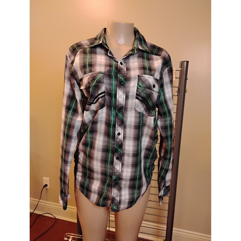 Y2K Chals Authentic Brand Mens Plaid Button Down Shirt Green Black White Medium